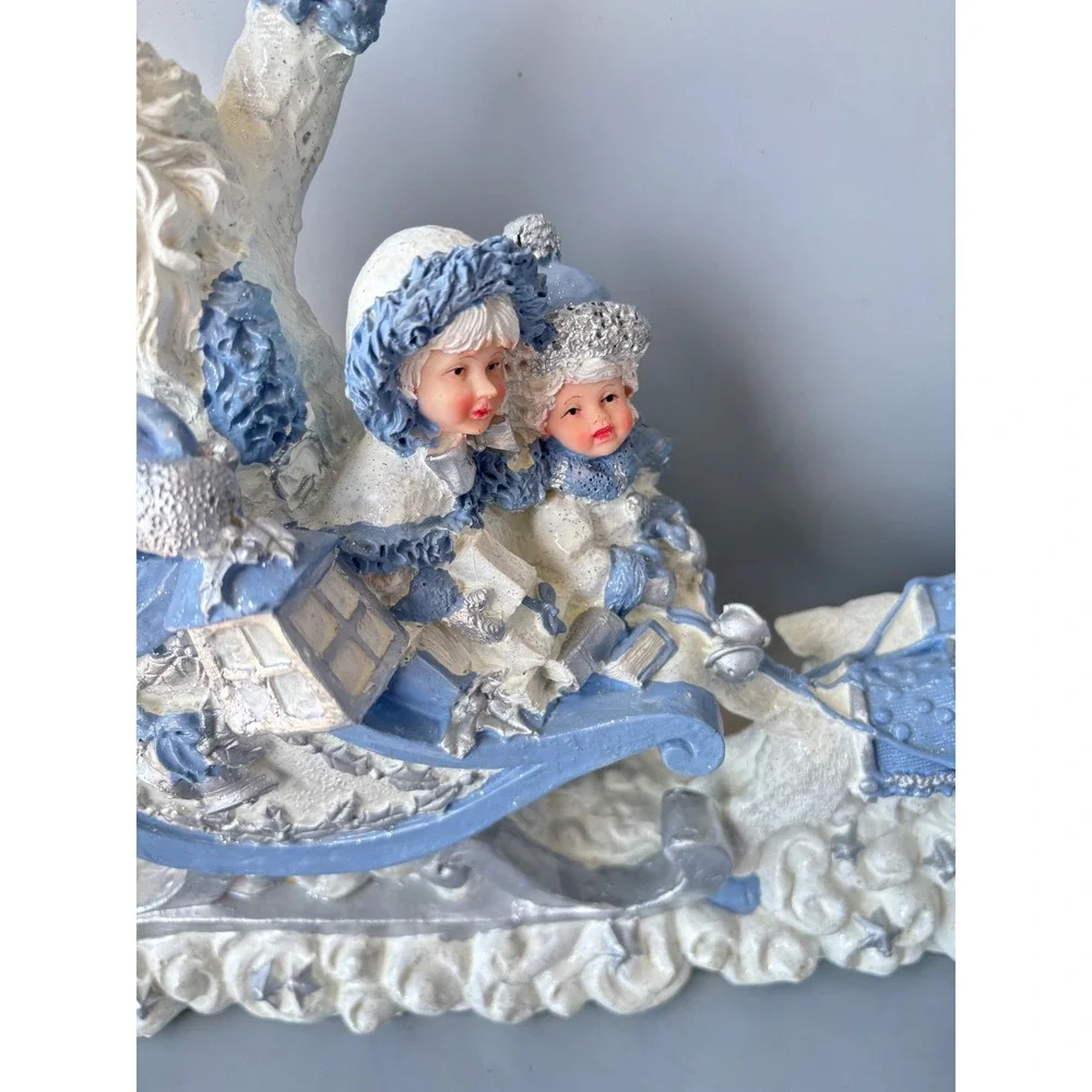 Santa Claus Sleigh and Reindeer Figurine Blue White Silver Christmas Centerpiece